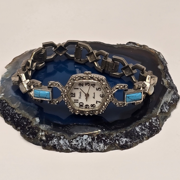 Xanadu Quartz Japan Movement Faux Turquoise & Marcasite Vintage Watch - Picture 11 of 13